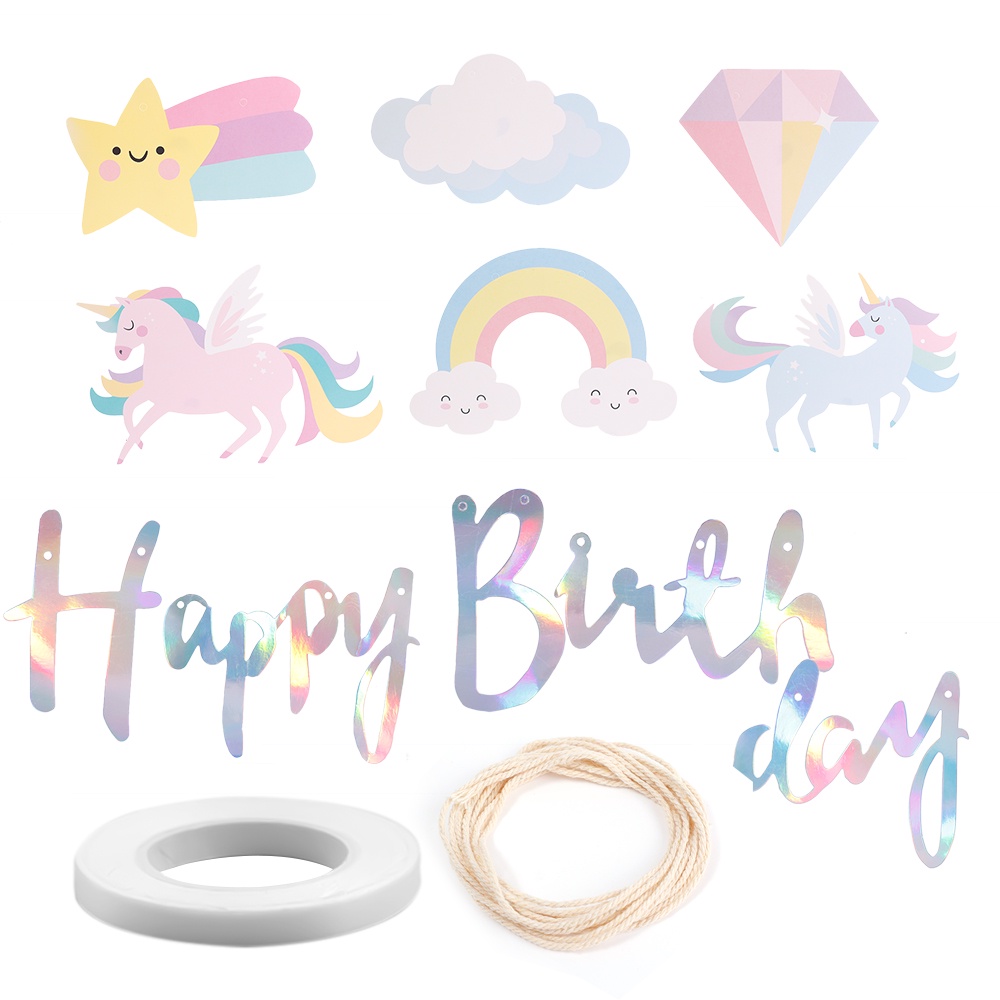 1 Set Spanduk Kertas Desain Unicorn Warna-Warni Untuk Dekorasi Pesta Ulang Tahun Anak