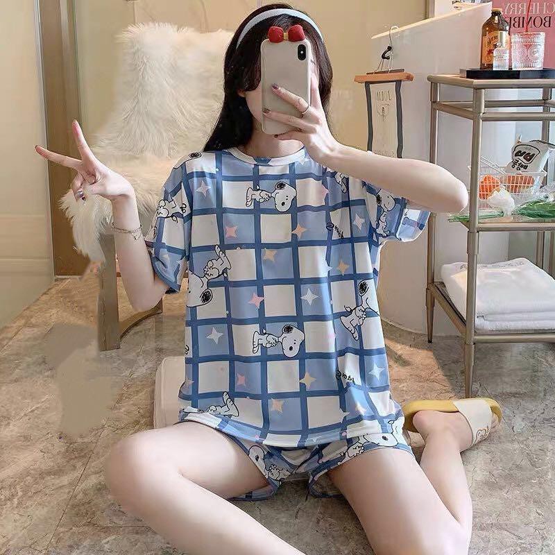✨WINGALERY✨ Pakaian Wanita Baju Tidur Piyama Lengan Pendek Import Motif Kartun Fit to XXL 4019-2-SNOOPY