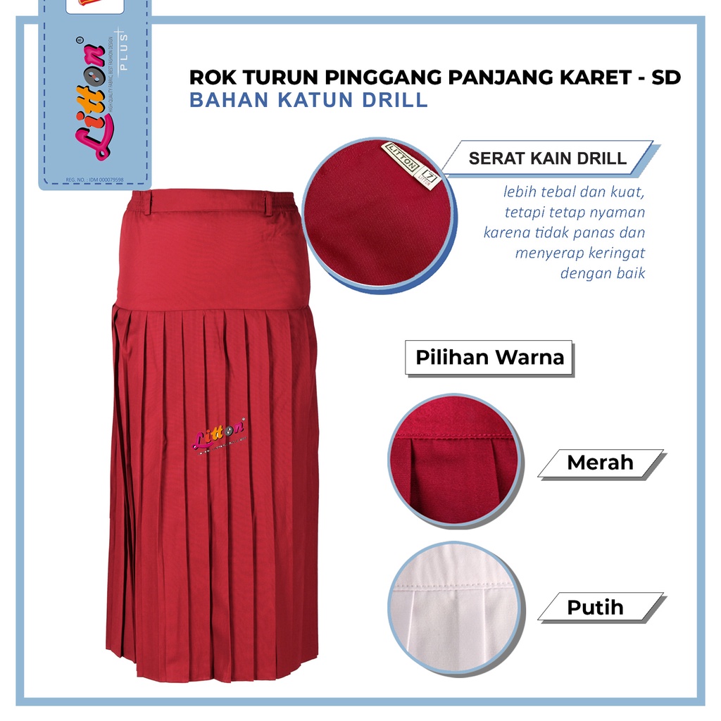 LITTON+ Rok Sekolah Span Plisir Anak SD Merah Panjang Turun Pinggang Karet / Seragam Sekolah SD