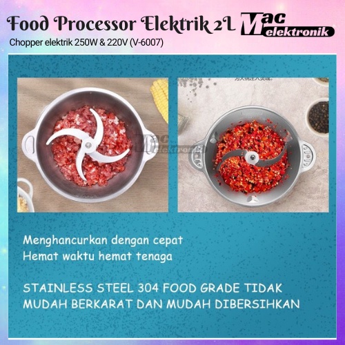 Alat penggiling bumbu 2L food chopper V-6007 Food Processor Stainless Steel Penggiling Daging Mixer Makanan Elektrik Kitchen Experts