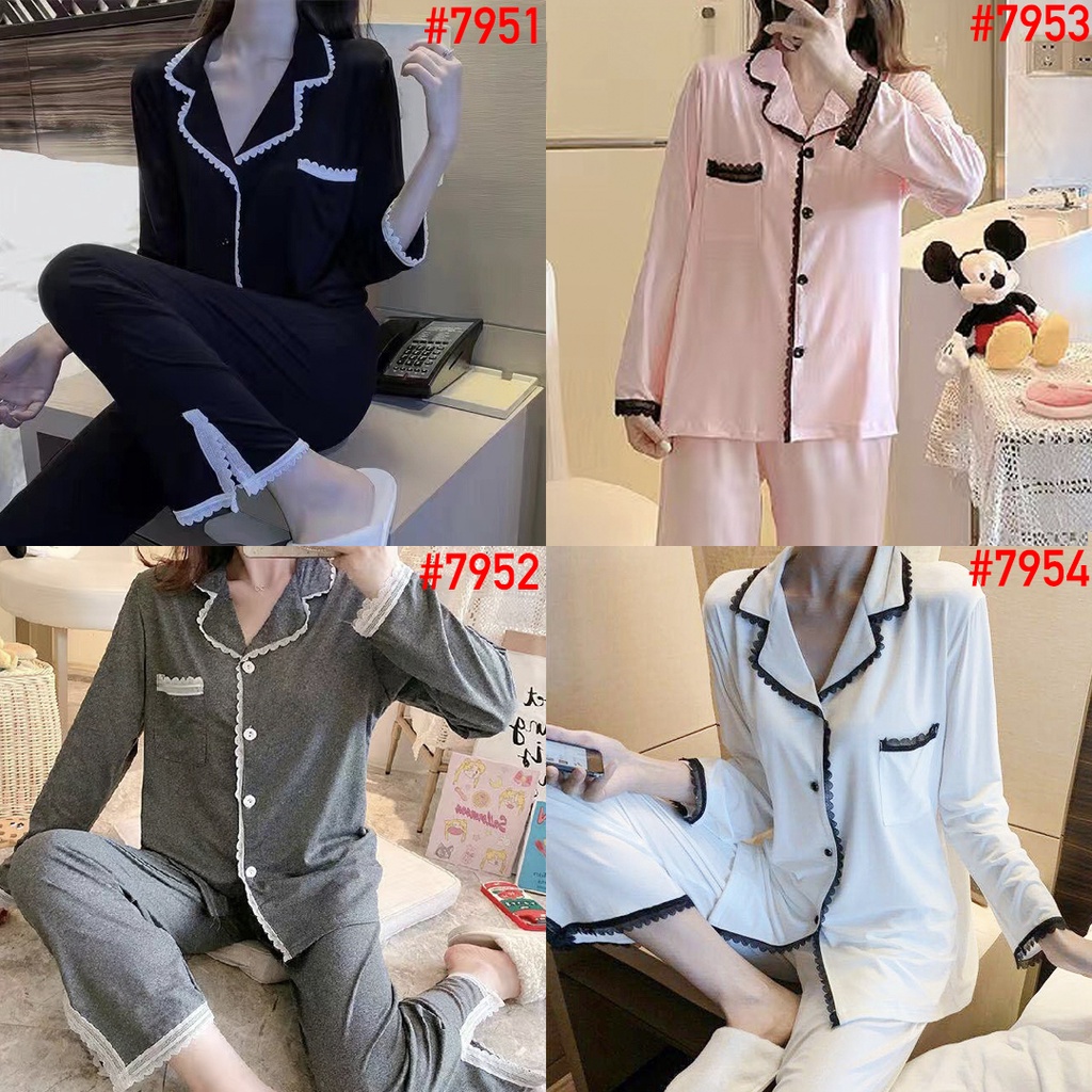 PREMIUM Piyama Renda Baju Tidur Wanita UMISUKA PP Import Korea Fashion Sutra Sutera Satin Saten Kerah Kancing Lengan Panjang Celana Panjang KKUM JALJA