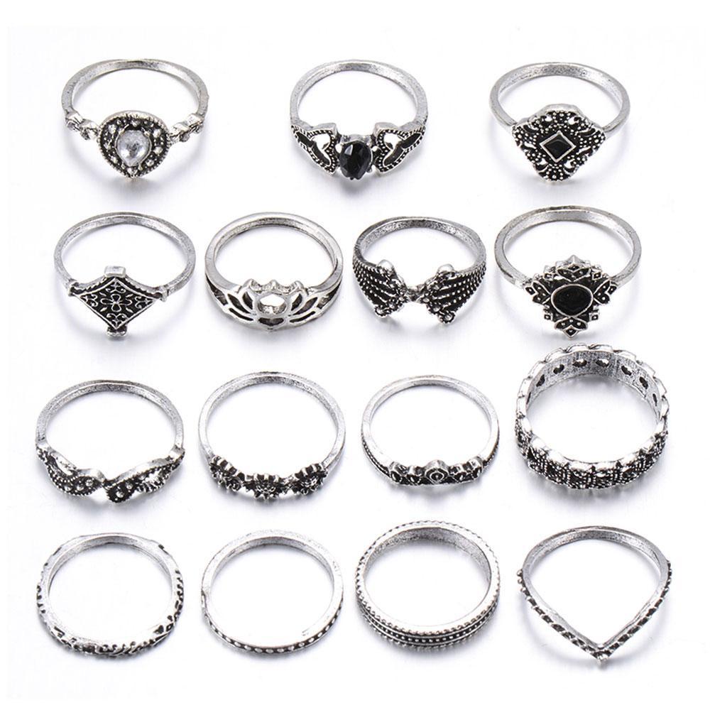 Lily 15PCS/Set Cincin Set Fashion Bintang Vintage Perak Aksesoris Tangan