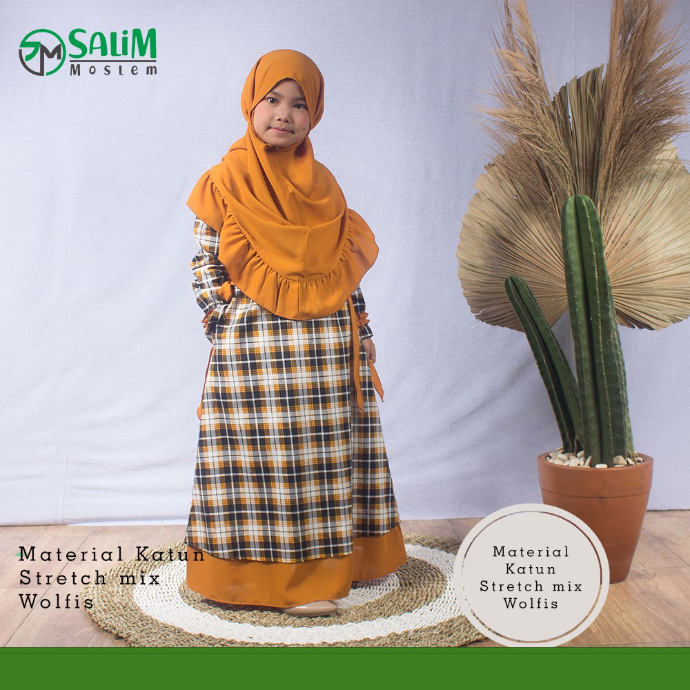 Salim Moslem – Baru Dan Original- Busana Muslim/Gamis Anak Syari Set Kerudung Motif Kotak