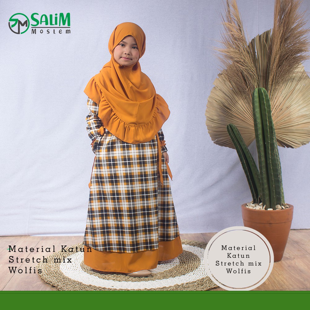 Salim Moslem – Baru Dan Original- Busana Muslim/Gamis Anak Syari Set Kerudung Motif Kotak