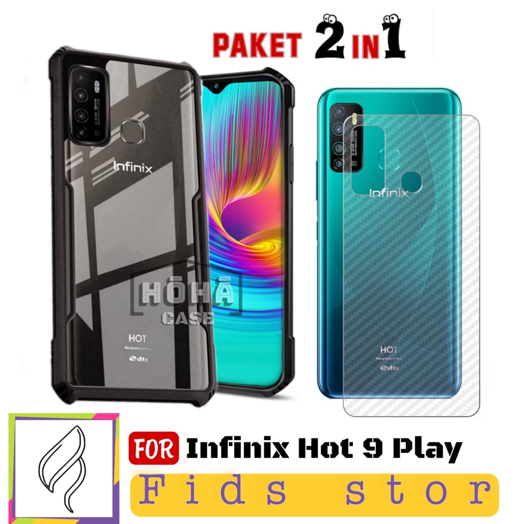 PROMO 2in1 CASE ShockProof Transparan Infinix Hot 9 Play Free GARSKIN Carbon Flexible Pelindung Bela