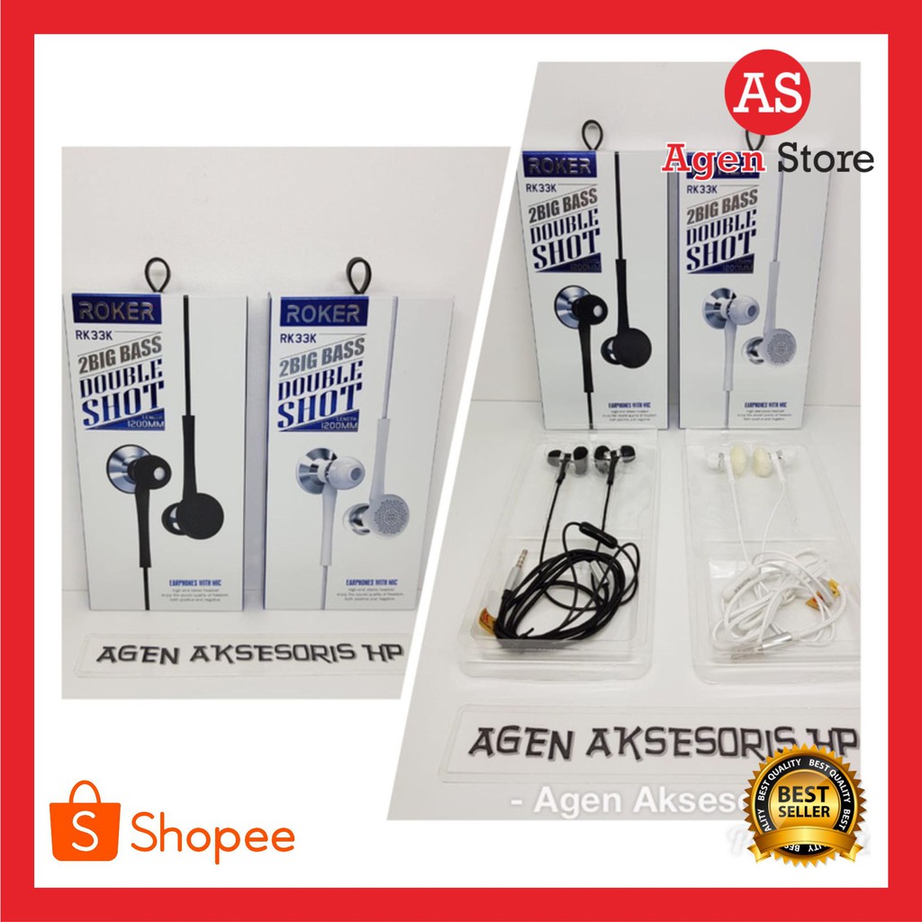 HARGA TERMURAH Handsfree ROKER DOUBLE SHOT RK33K Headset 2 Big Bass In Ear Earphones