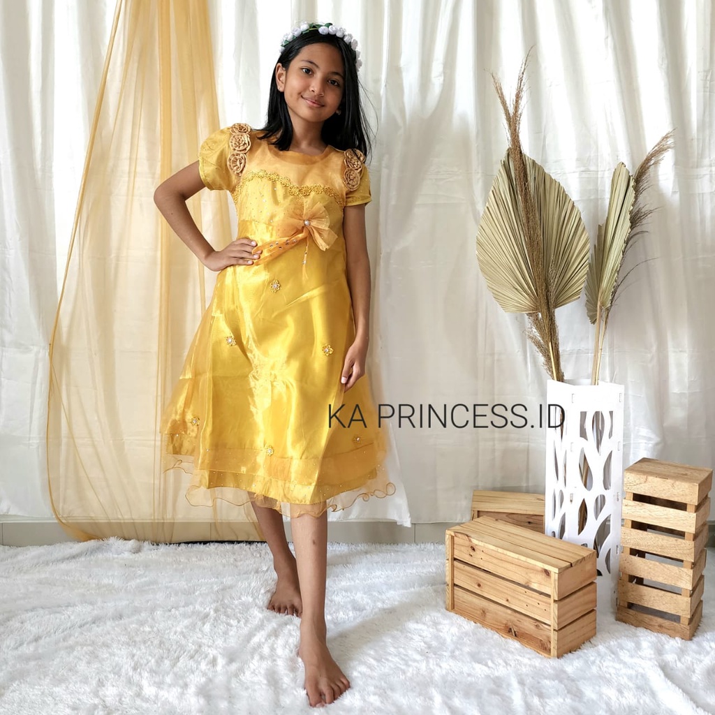 Dress Gold Anak Perempuan 4 5 Tahun Gaun Tutu Brukat Warna Gold Baju Pesta Mewah Impor Bahan Premium KA03