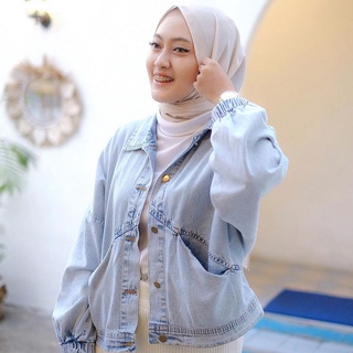 Jaket Jeans Wanita Vera Oversized Lengan Balon Lingkar Tangan Kerut Kekinian