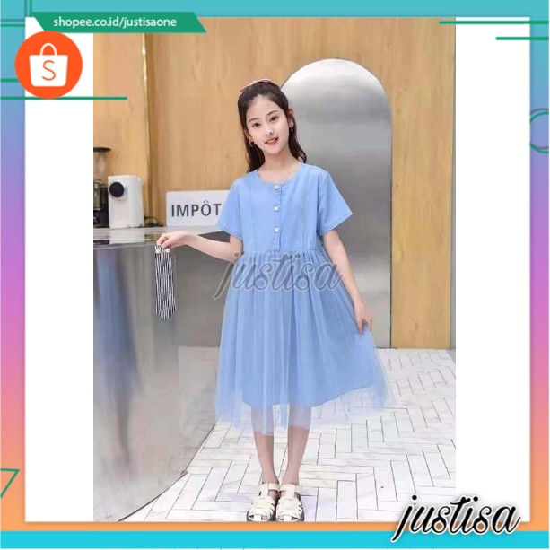 Promo !! Dress anak perempuan / Dress korean anak / Dress smooth tutu button blue  import uk 6-12 thn