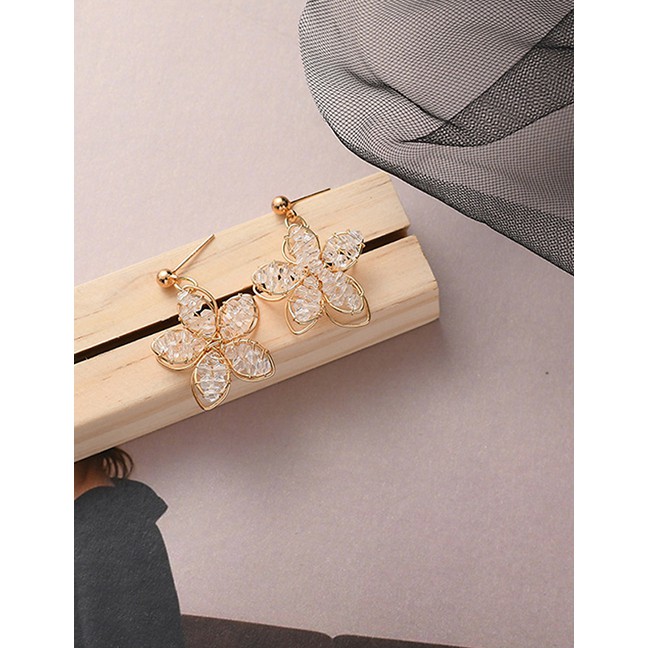 LRC Anting Tusuk Fashion Golden Hollow Crystal Flower Alloy Earrings K35077