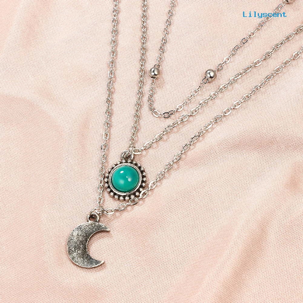 Kalung Rantai Multilayer Dengan Liontin Bulan Sabit Aksen Turquoise Imitasi Untuk Wanita