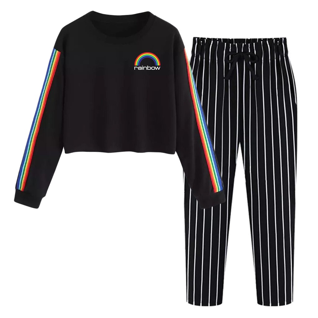 BESS - Baju Setelan Wanita Murah / Setelan Sweater Crop + Celana Salur Hitam - RAINBOW