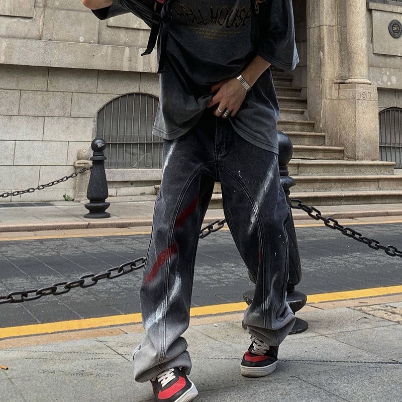Celana Streetwear Pria Import Gradient Painted Hole Straight Washed Denim Trousers Men and Women Ove