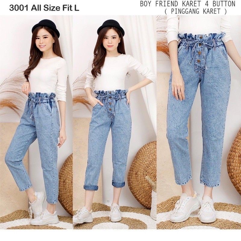BCJ CELANA JEANS BOYFRIEND PINGGANG KARET ALL SIZE RUFLLE BUTTON JEANS WANITA BOYFRIEND JEANS