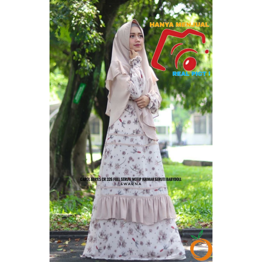 BAJU GAMIS MALAYSIA SYARI LD 110 XXL SOCAROL CREAM CERUTY IMPORT MOTIF BUNGA SIMPLE MEWAH REAL PICT