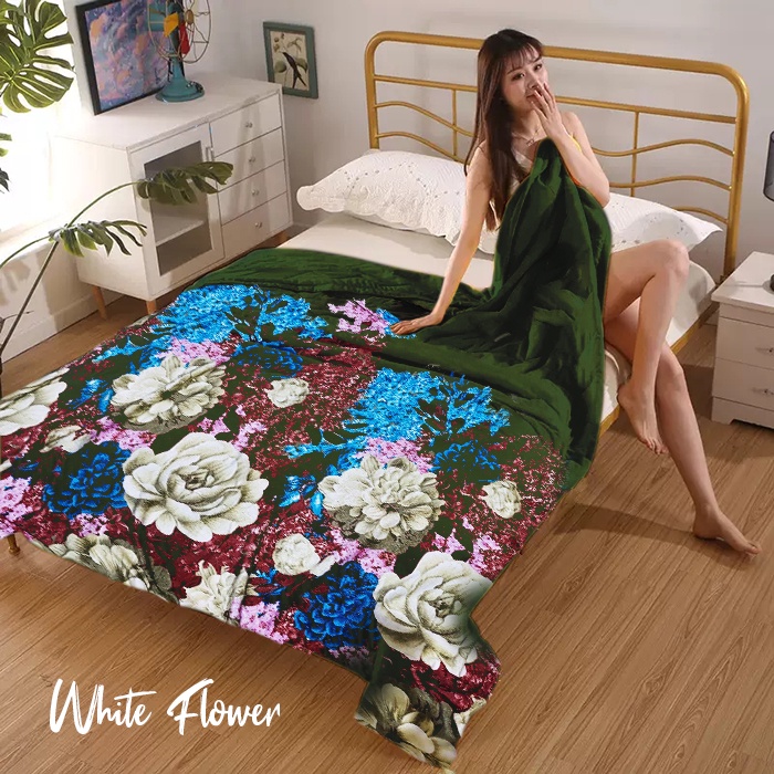 COD - Selimut Bulu Halus Ukuran  175x125cm Motif Dewasa-White Flower