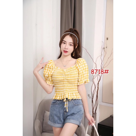 crop top impor atasan fashion korea motif kotak