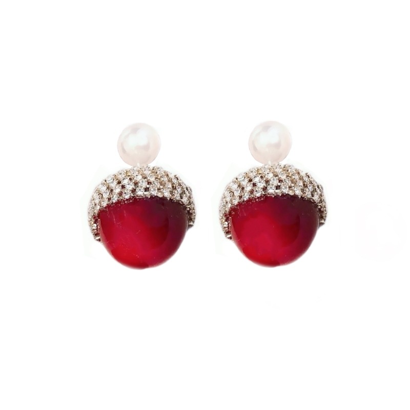 Anting Tusuk Motif Buah Ceri Merah Ala Korea Bahan Titanium Hias Berlian Imitasi Untuk Wanita