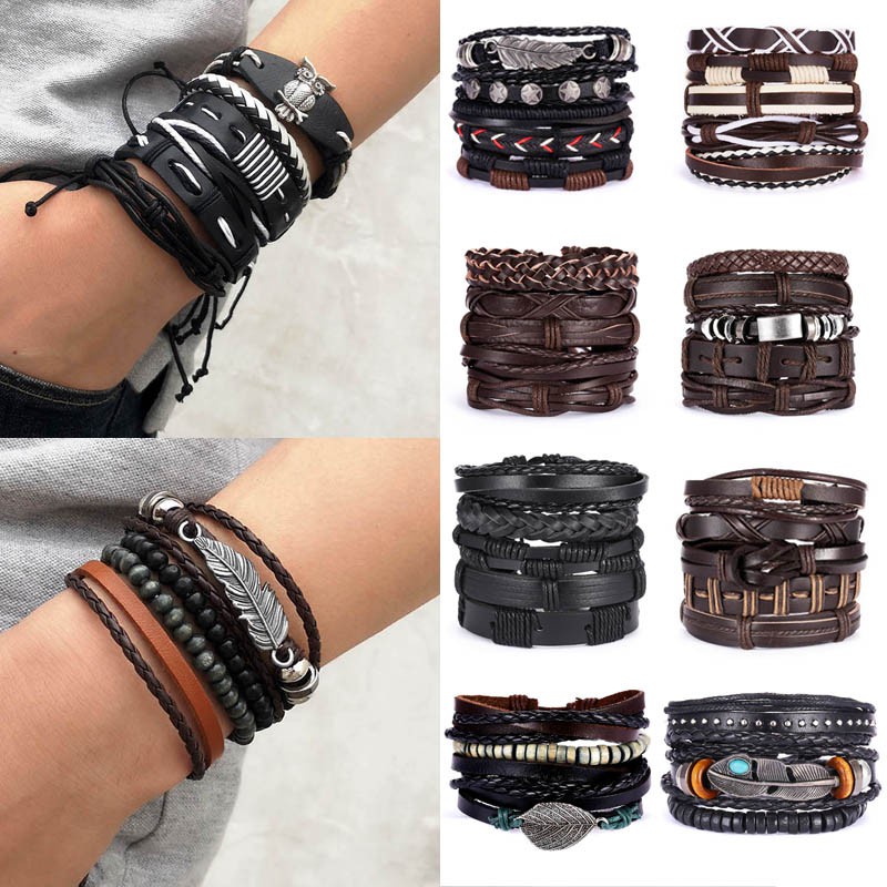 4pcs / 5pcs / Set Gelang Kombinasi Bahan Kulit Woven Adjustable Untuk Pria
