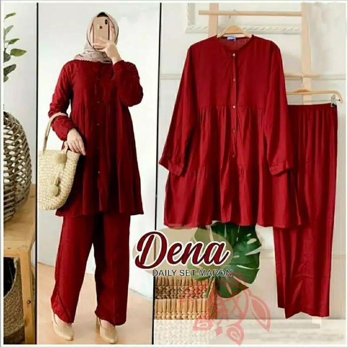 setelan baju tunik celana panjang muslim polos set tunic wanita simpel