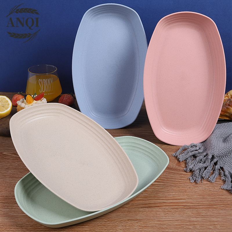 ANQI 4IN1 Piring Jerami Gandum Set Piring Bentuk Oval Kotak Mix Warna Isi 4 Pcs Lonjong Dinner Plate