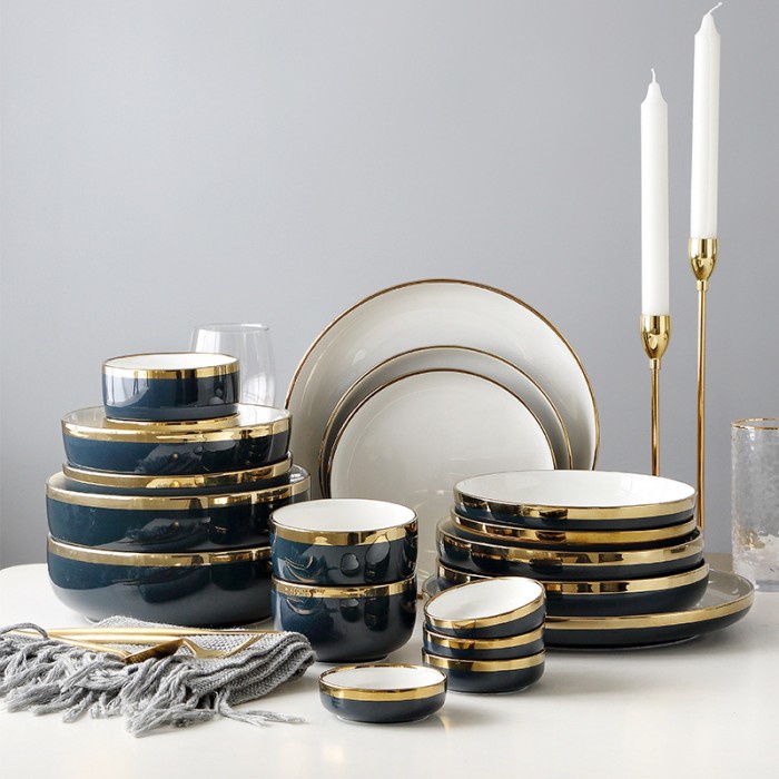 ASHOME Piring Makan Keramik Putih Navy Gold / Piring Putih Keramik List Gold / Mangkuk Keramik Putih