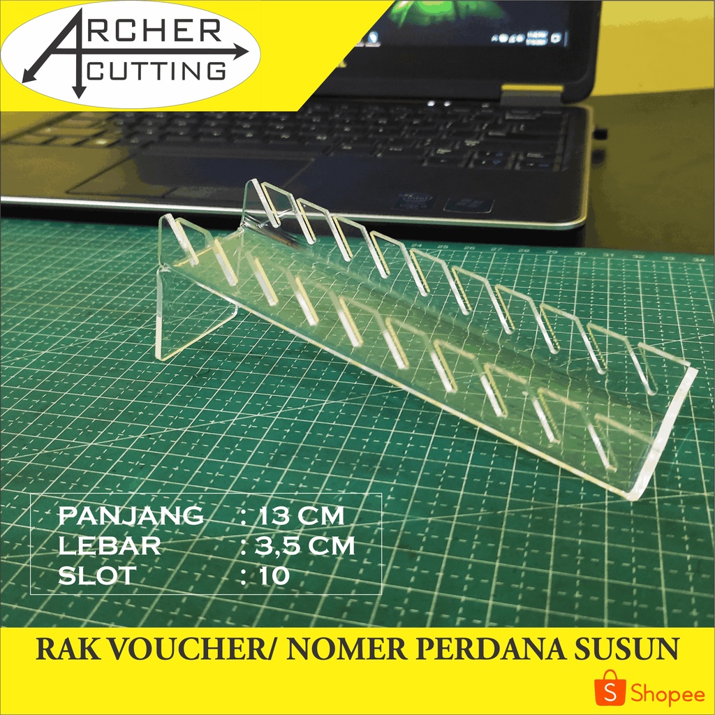 TEMPAT DUDUKAN RAK VOUCHER  KARTU PERDANA AKRILIK LEBAR 3.5CM 10 SLOT