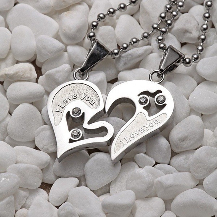 2pcs Kalung Rantai Liontin Hati hollow Motif Huruf I Love you Untuk Pasangan / Pria / Wanita