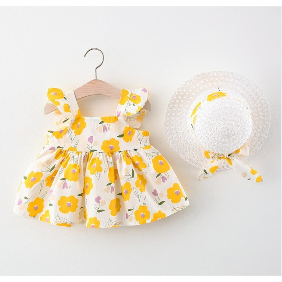 A86- Set Dress dan topi /baju dress anak /pakaian bayi anak perempuan motif bunga-bunga kualitas premium