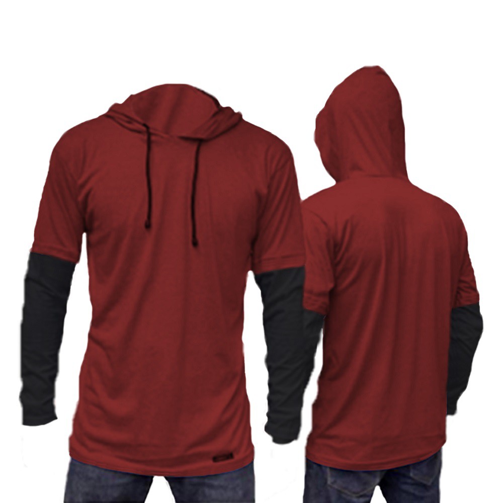 KAOS POLOS HOODIE DOUBLE LAYER LENGAN PANJANG/size m,l,xl /pria/wanita/terlaris /termurah/terbaru/bandung-merah maroon+hitam