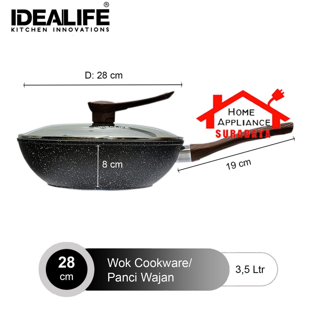 IDEALIFE Panci Wajan - Wok Cookware Marble Anti Lengket + Tutup Kaca Bonus Spatula 28cm IL-28WK / 30cm IL-30WK / 32cm IL-32WK