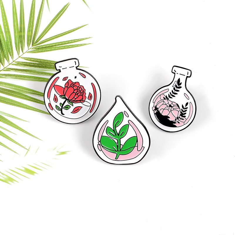 Bros Pin Enamel Bentuk Tanaman Bunga Mawar Daun Botol Bahan Zinc Alloy Untuk Jaket Denim