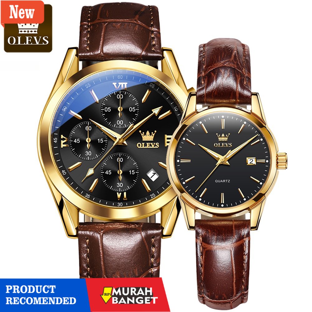 Jam tangan couple terbaik- Olevs 2 pcs Jam Tangan Couple Kulit analog Anti Air Hitam Biru Alexandre 