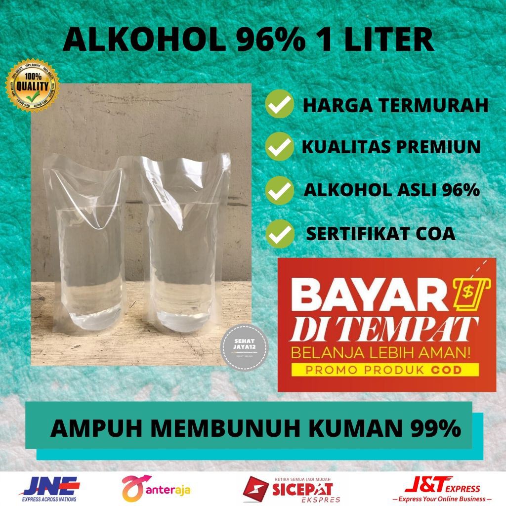 ALKOHOL 96% 1 LITER ALKOHOL STERILISASI ALKOHOL DISINFEKTAN ALKOHOL ETHANOL ALKOHOL ETANOL ALCOHOL