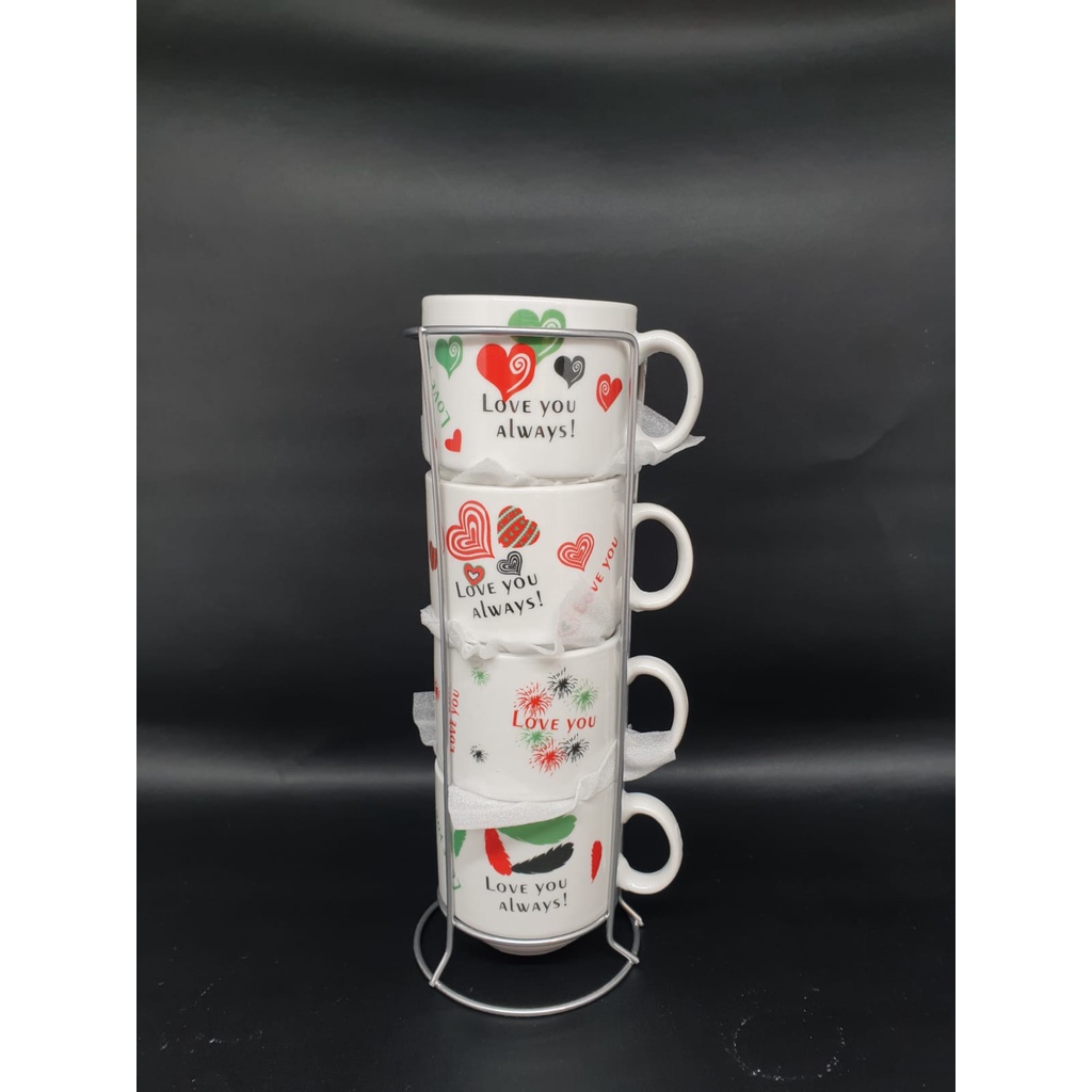 BABEE MUG KERAMIK SET 4 SUSUN SIZE S / CANGKIR GELAS 4 SUSUN BANYAK MOTIF / MUG TEH KOPI / KADO UNIK-Love You