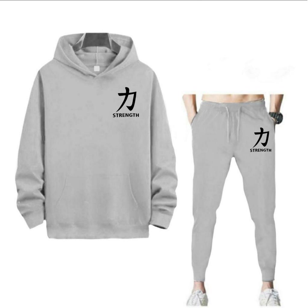 SETELAN PRIA HOODIE STRENGTH TULISAN CINA DAN CELANA JOGGER MURAH TERLARIS