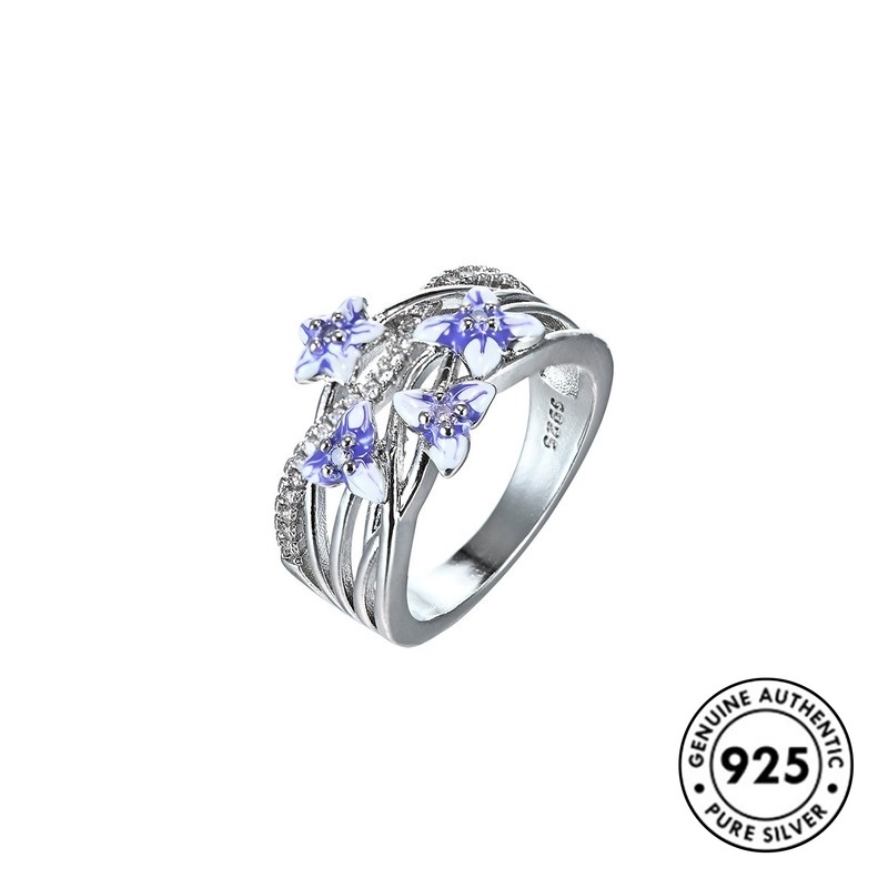 Cincin Desain Bunga Aksen Berlian Bahan S925 Silver