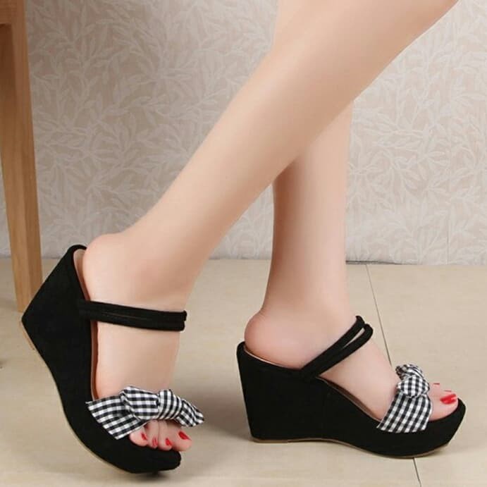 Sandal Wanita Wedges Alona Putih Tinggi 12Cm Sendal Wejes Pesta S LF878 /SepatuPh01 Hitam - Hitam, 3