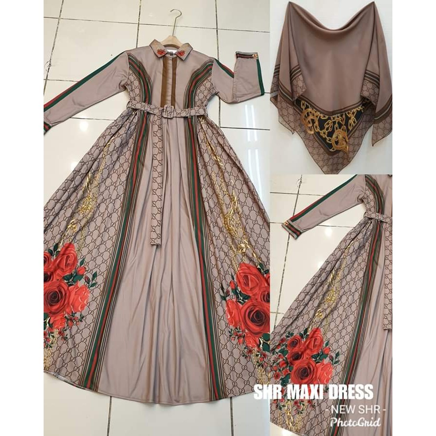 READY STOK ORI 100% SHR dress maxi set jilbab ori shr motif gucci import syahira