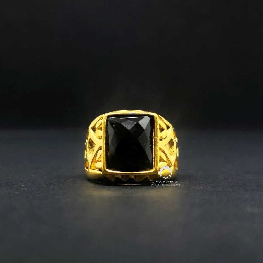Cincin Pria Titanium Anti Karat Warna Gold Black Onyx Asli Original