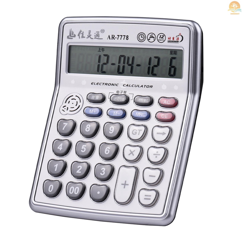 Musical Desktop Calculator 12-Digits LCD Display Electronic Calculator Counter Big Buttons with Music Piano Play Time Date Show Alarm Clock Function for Office Business Classroom Home Supplies