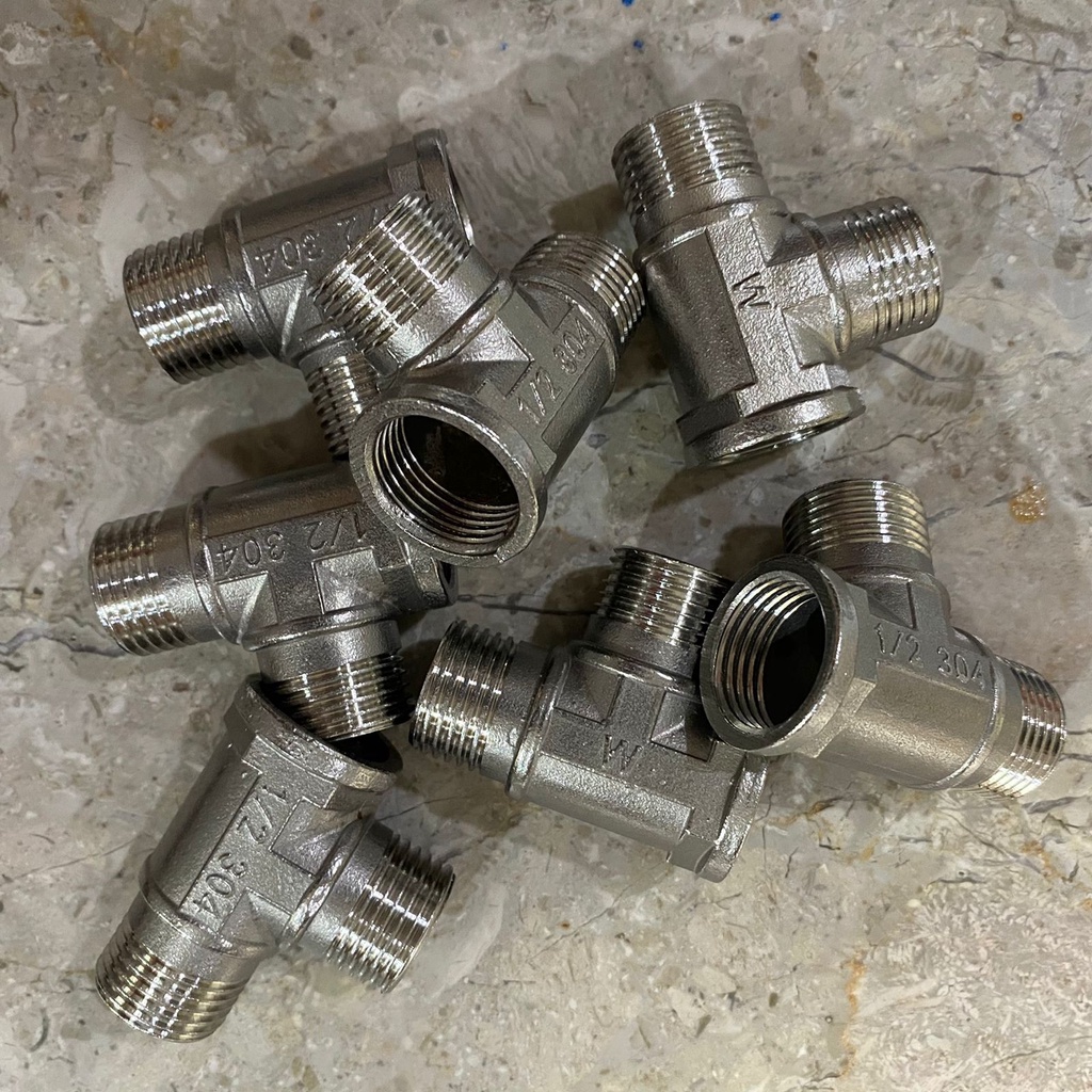 Tee stainless 1/2 &quot; drat luar x 1/2 &quot; drat dalam Nepel T Stainless