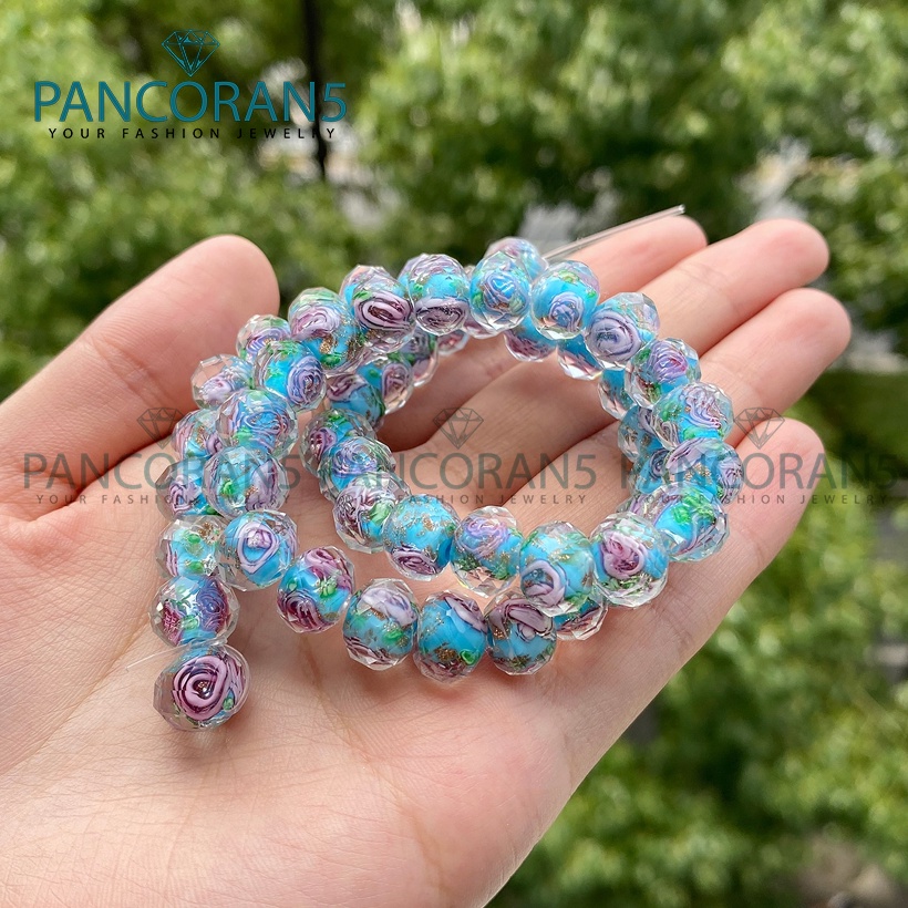 Manik Kristal Ceko Murano Lampwork Warna Biru Muda