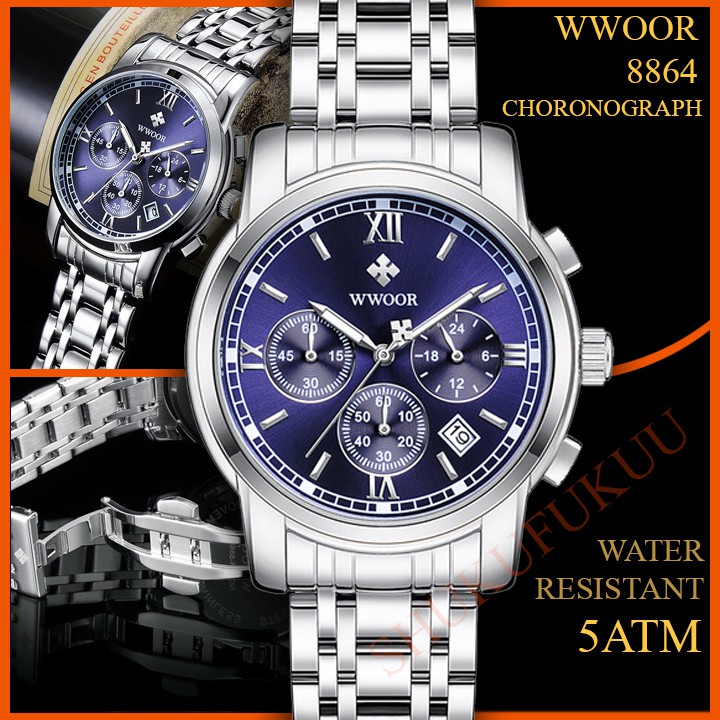 WWOOR 8864 silver Blue Jam Tangan krono Pria