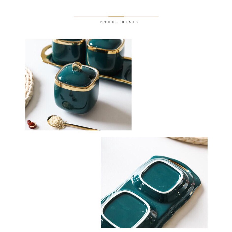 Tempat Penyimpanan Bumbu Dapur Keramik Dengan List Gold / Tempat Bumbu Keramik Set 3pcs / Tempat Bumbu Mewah / Tempat Bumbu Green Diamond Set / Luxury Tempat Bumbu