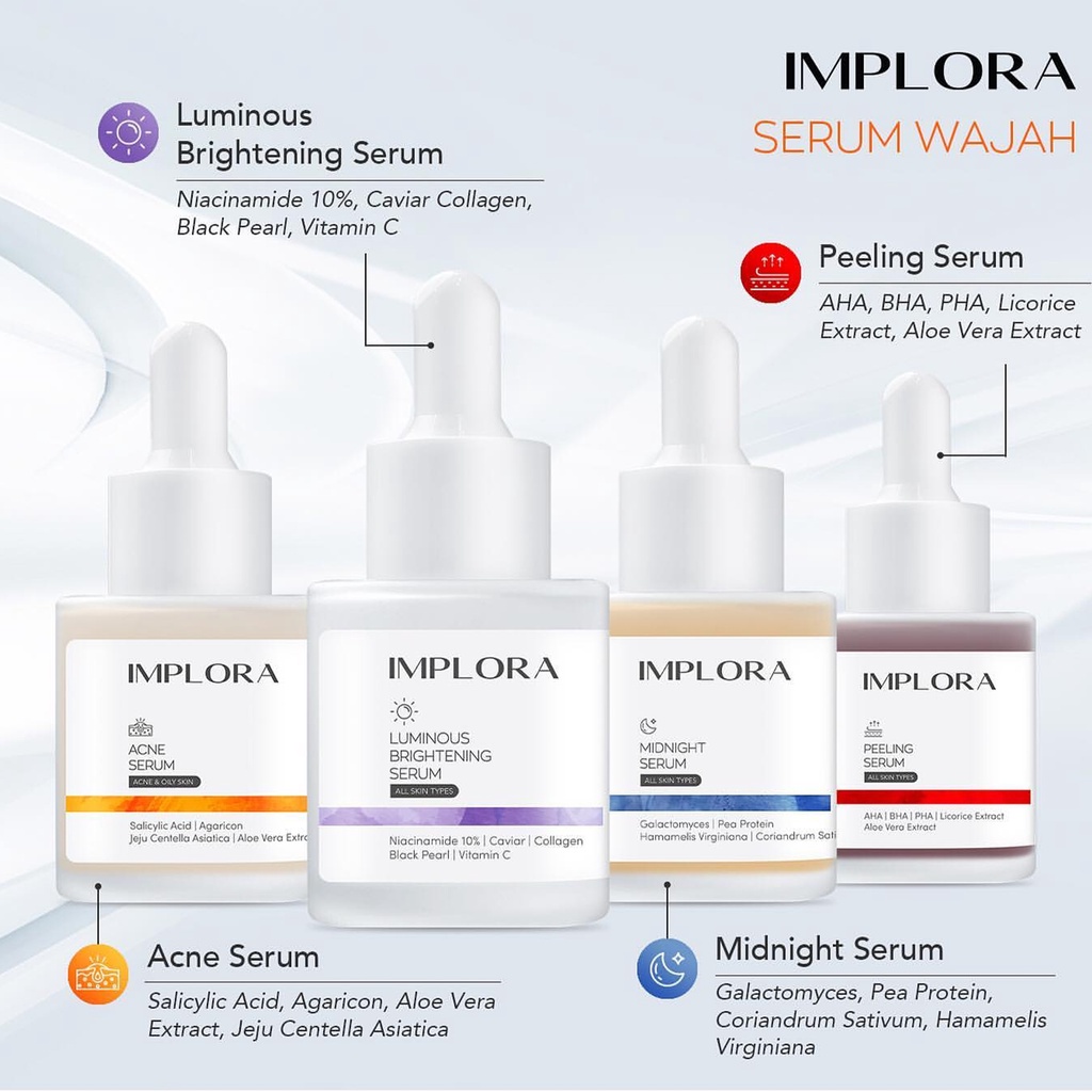 [SALE] Implora Face Serum 20 ML - Serum Wajah - LUMINOUS BRIGHT / ACNE / PEELING / MIDNIGHT / HYDRATING /24K GOLD