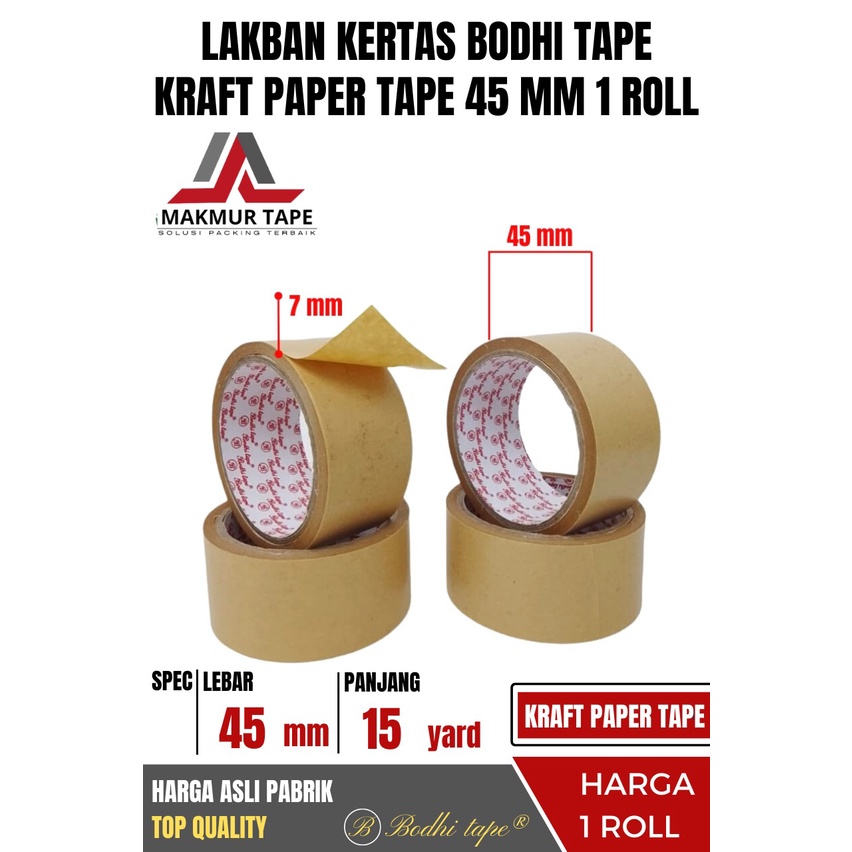 Jual LAKBAN KERTAS KRAFT PAPER TAPE 45MM X 15 YARD BODHI TAPE 1 ROLL ...