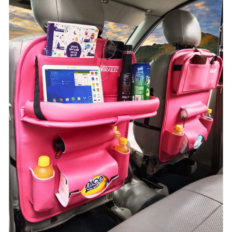 Car Seat Organizer Plus Meja Lipat Tas Multi Fungsi Belakang Jok KULIT Premium