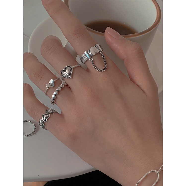 5pcs / Set Cincin Model Rantai Terbuka Bentuk Hati Warna Silver Untuk Wanita