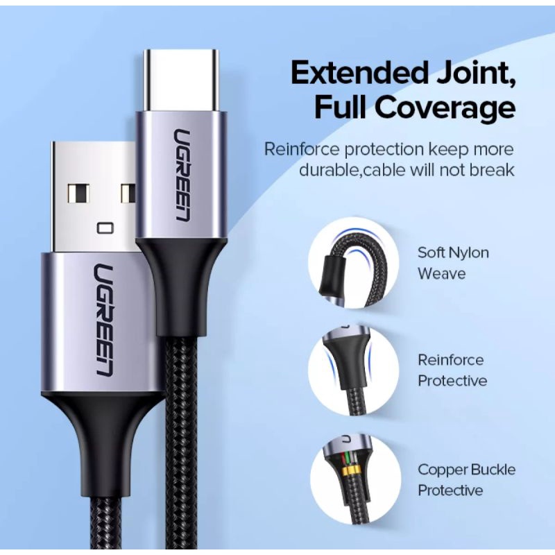 Ugreen USB Cable Type C Nylon Braided 3A fast charging Original - Kabel Data Charger